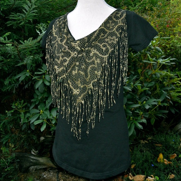 Onanya shipibo Black and Gold Fringe T-shirt L - Picture 2 of 6